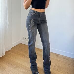 Vintage Y2K Embellished Straight-Leg Jeans with Sequin Floral Detail (S)